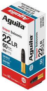 Aguila 1B220112 Sniper Subsonic Rimfire 22LR 60gr Lead Solid Point 50 Per Box/20 Case                                                                                                                    Aguila 1B220112 Sniper Subsonic Rimfire 22LR 60gr Lead Solid Point 50 Per Box/20 Case