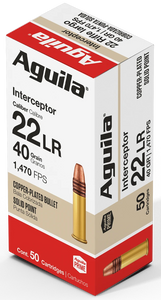 Aguila 1B220320 Interceptor Rimfire 22LR 40gr Copper Plated Solid Point 50 Per Box/20 Case                                                                                                               Aguila 1B220320 Interceptor Rimfire 22LR 40gr Copper Plated Solid Point 50 Per Box/20 Case
