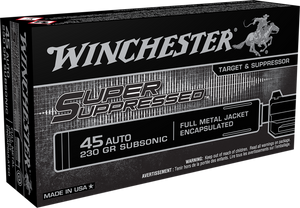 Winchester Ammo SUP45 Super Suppressed  45ACP Subsonic 230gr Encapsulated Full Metal Jacket 50 Per Box/10 Case                                                                                          