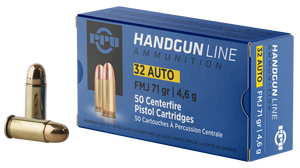 PPU PPH32AF Handgun  32ACP 71gr Full Metal Jacket 50 Per Box/20 Case                                                                                                                                    