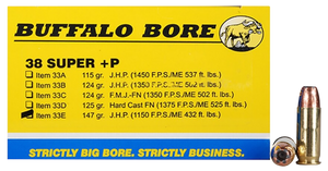 Buffalo Bore Ammunition 33E20 Personal Defense Strictly Business 38Super +P 147gr Jacket Hollow Point 20 Per Box/12 Case                                                                                
