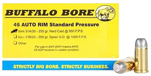 Buffalo Bore Ammunition 31A20 Standard Pressure Strictly Business 45Auto Rim 255gr Hard Cast Flat Nose 20 Per Box/12 Case                                                                               