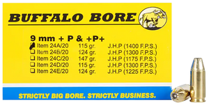 Buffalo Bore Ammunition 24A20 Personal Defense Strictly Business 9mmLuger +P+ 115gr Jacket Hollow Point 20 Per Box/12 Case                                                                              