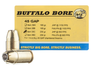 Buffalo Bore Ammunition 38C20 Personal Defense Strictly Business 45GAP 230gr Jacket Hollow Point 20 Per Box/12 Case                                                                                     