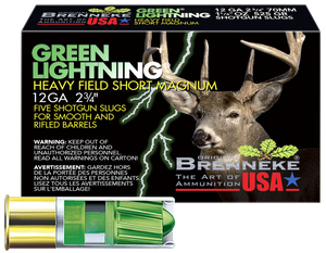 Brenneke SL122HFSGL Green Lightning Heavy Field 12Gauge 2.75" 1 1/4oz Slug Shot 5 Per Box/50 Case                                                                                                       