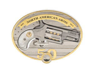 North American Arms 50th Anniversary Engraved 5rd 22LR Belt Buckle North American Arms 50th Anniversary Engraved 5rd 22LR Belt Buckle