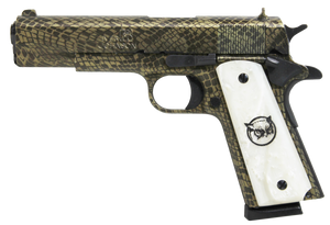 Iver Johnson Arms 1911A1WATERMOCCASIN 1911 A1 Water Moccasin 45 ACP 8+1 5" Black Steel Barrel, Green Snakeskin Hydrographic Serrated Steel Slide & Frame w/Beavertail, White Synthetic Pearl Grip       