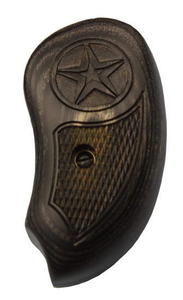 Bond Arms dark blackish smooth wooden grip mixed with lighter grey wood grain. A large circle with a star is engraved into the grip. Under the star is a textured engraved area that provides good grip and feel. Bond Arms dark blackish smooth wooden grip mixed with lighter grey wood grain. A large circle with a star is engraved into the grip. Under the star is a textured engraved area that provides good grip and feel.