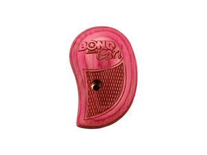 Bond Arms bright pink smooth wooden grip. The words "Bond Arms Girl" are engraved into the side of the grip. Under the text, a large textured area engraved into the grip provides a good grip and feel.