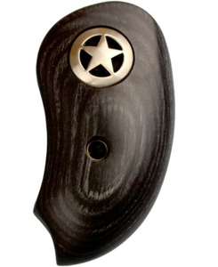 Bond Arms smooth black wooden gun grip with a large silver metal star. 