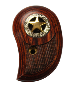 Bond Arms Brown Wooden Gun Grip With Silver Circle and Gold Star, textured engraving under star for added grip and feel.