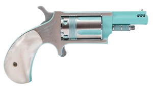 North American Arms 22MPB Iris undefined 22 Mag 5 Shot 1.63" Turquoise Cerakote Ported Barre Matte Stainless Steel Frame, Stainless/Turquoise Cylinder, Faux White Pearl Grip, Exposed Hammer           