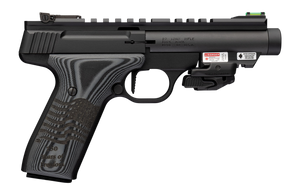 Browning 051612490 Buck Mark Black Label 250 SR 22 LR 10+1 4.40" Matte Black Threaded Bull Barrel, Matte Black Aluminum Frame w/Picatinny Rail Top & Bottom, Black G10 Grip w/ Inscribed Waving Flag, Cr
