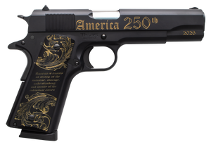 Tisas Arms 10100518US250 1911 America's 250th Full Size 45 ACP 7+1 5" Stainless Barrel, Black w/Gold Engraving Steel Serrated Slide, Black w/Gold Engraving Steel Frame w/Beavertail, Black w/Gold Accen