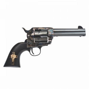 Cimarron Holy Smoker Single Action Revolver .45 Long Colt 4.75" Barrel 6 Rounds Fixed Sights Color Case Hardened Frame Checkered Walnut Gold Cross Inlay Blued Finish