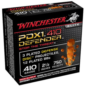 Winchester .410 Bore Shotshell 10 Rounds 2 1/2" 3 Plated Defense Disc and 12 Plated BBs Winchester .410 Bore Shotshell 10 Rounds 2 1/2" 3 Plated Defense Disc and 12 Plated BBs