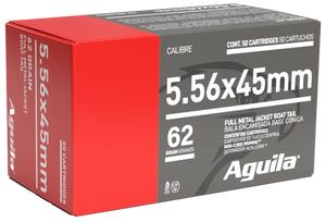 Aguila 1E556110 Target & Range Rifle 5.56x45mm NATO 62gr Full Metal Jacket Boat Tail 50 Per Box/20 Case                                                                                                  Aguila 1E556110 Target & Range Rifle 5.56x45mm NATO 62gr Full Metal Jacket Boat Tail 50 Per Box/20 Case