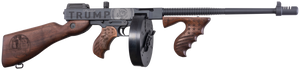 Thompson T1-14-50DC2 1927A-1 Deluxe 45 ACP 16.50" 20+1 (Stick), 50+1 (Drum), Trump Save America Engraved, Sniper Gray/Black Finish, American Walnut Furniture, Compensator                              