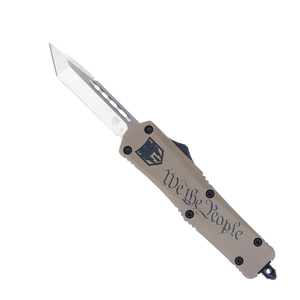 CobraTec Knives MWTPFS3TNS FS-3 We The People Medium 3" OTF Tanto Plain D2 Steel Blade Tan w/"We The People" Aluminum Cerakoted Handle Features Glass Breaker Includes Pocket Clip                      