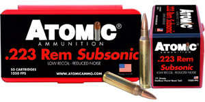 Atomic Ammunition Rifle Subsonic 223 Rem 77 gr Hollow Point Boat Tail 50 Per Box/ 10 Case Atomic Ammunition Rifle Subsonic 223 Rem 77 gr Hollow Point Boat Tail 50 Per Box/ 10 Case