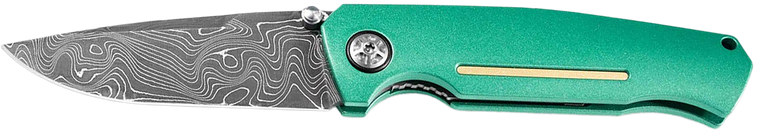 Boker 111102DAM   3.22" Drop Point Plain Damascus Blade Green Aluminum Handle                                                                                                                           