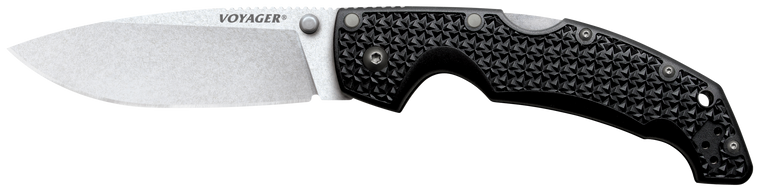 Cold Steel CS29AB Voyager Large 4" Folding Plain Drop Point Stone Washed AUS 10A Steel Blade/Black Textured Griv-Ex Handle                                                                              