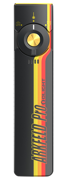 Olightstore Usa Inc ARKFELDPRO3RRSV3 Arkfeld Pro  Black/Racing Stripes 1/15/100/420/1,300 Lumens White LED Green Laser UV Light                                                                         