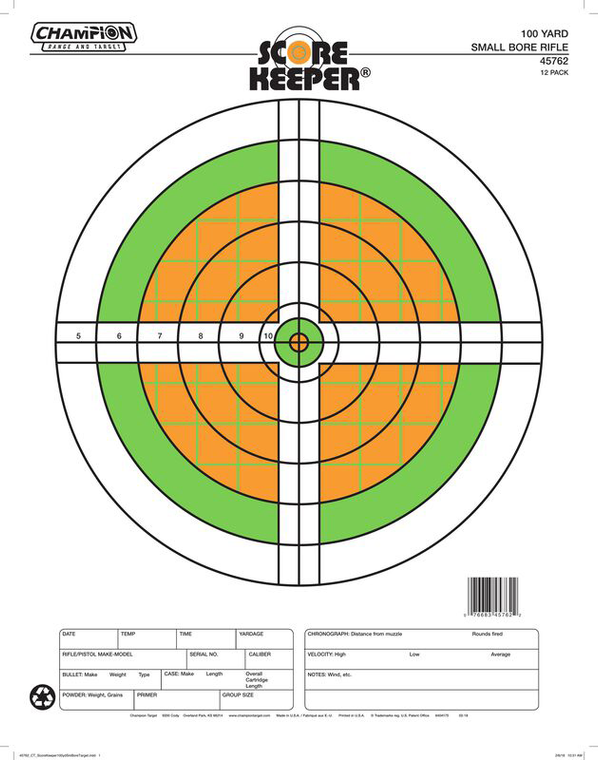 Champion Targets 45762 Score Keeper Sight-In Bullseye Paper Hanging 100 yds Small Bore Rifle Fluorescent Green & Orange/White 12 PK                                                                     