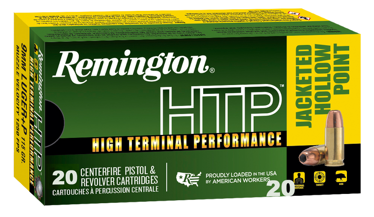 Remington Ammunition 28293 HTP  9mmLuger+P 115gr Jacketed Hollow Point 20 Per Box/25 Case                                                                                                               
