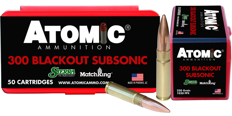Atomic Ammunition 00465 Rifle Subsonic 300 Blackout 220 gr Hollow Point Boat Tail 50 Per Box/ 10 Case                                                                                                   