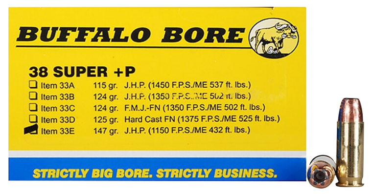 Buffalo Bore Ammunition 33E20 Personal Defense Strictly Business 38Super +P 147gr Jacket Hollow Point 20 Per Box/12 Case                                                                                