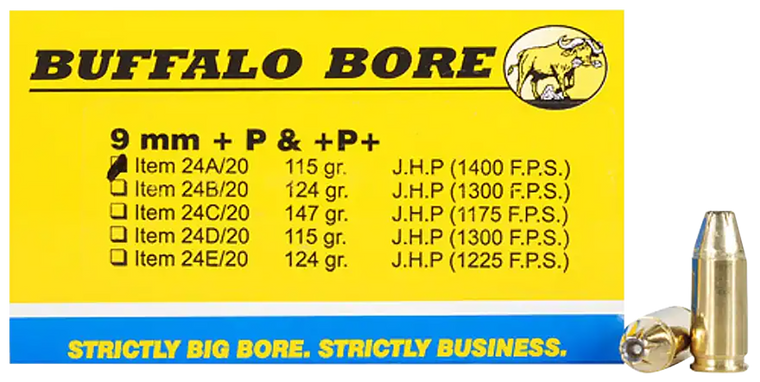 Buffalo Bore Ammunition 24A20 Personal Defense Strictly Business 9mmLuger +P+ 115gr Jacket Hollow Point 20 Per Box/12 Case                                                                              