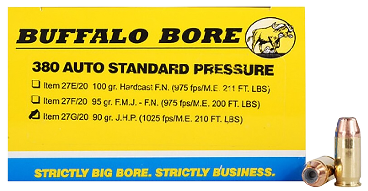 Buffalo Bore Ammunition 27G20 Standard Pressure Strictly Business 380ACP 90gr Jacket Hollow Point 20 Per Box/12 Case                                                                                    