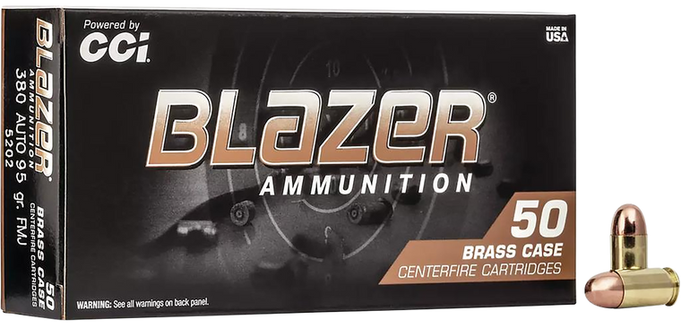 CCI 5202 Blazer Brass Handgun 380ACP 95gr Full Metal Jacket 50 Per Box/20 Case                                                                                                                          
