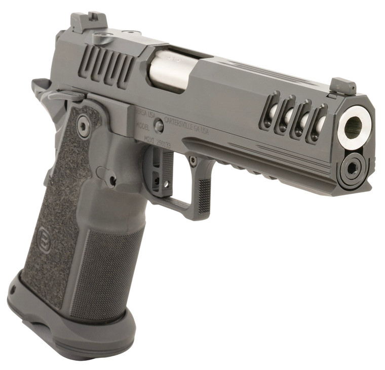 Bersa M2XIO5BBFN M2XI  9mm Luger 22+1 5" Match Grade Bull Barrel, QPQ Tenifer Cerakote Lightening Cut/Optic Cut/Serrated Steel Slide & Frame w/Beavertail & Picatinny Rail, Black Polymer Grip 