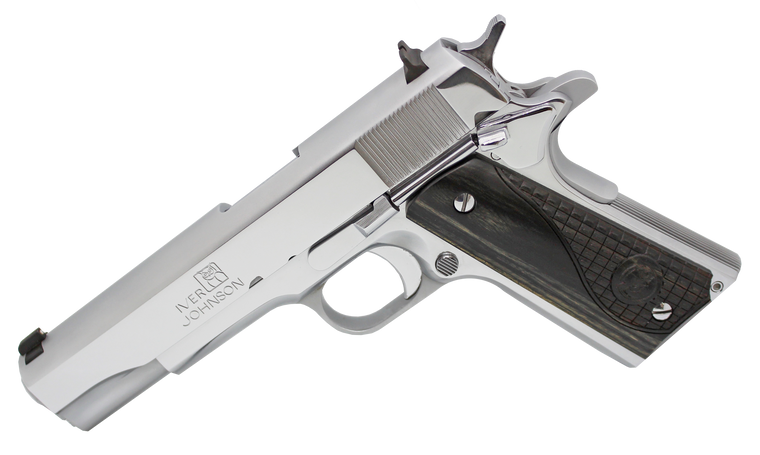 Iver Johnson Arms 1911CHRW 1911 A1  45 ACP 8+1 5" Stainless Steel Barrel, Bright Polish Chrome Serrated Steel Slide & Frame w/Beavertail, Black Diamondwood Grip                                        