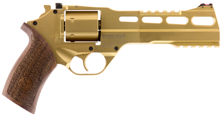 Chiappa Firearms 340225 Rhino 60DS Medium Frame 357 Mag 6 Shot, 6" Gold Plated PVD Steel Vent Rib Barrel & Cylinder, Gold Plated PVD Aluminum Frame,  Walnut Grip, Concealed Hammer                     