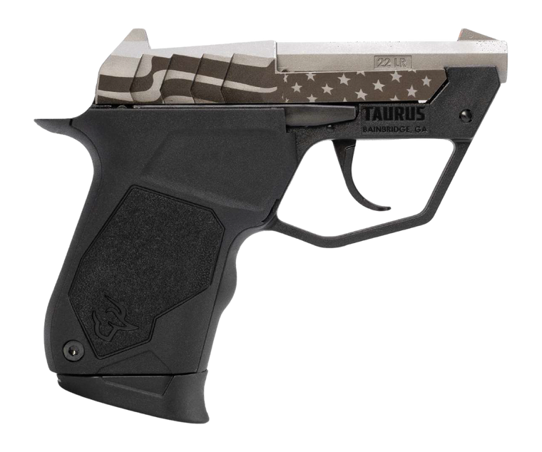 Taurus 1-22TUC139-USFLAG 22TUC  Micro-Compact Frame 22 LR 9+1 2.50" Stainless Tip-Up Barrel, Custom Engraved Serrated Slide, Black Polymer Frame                                                        