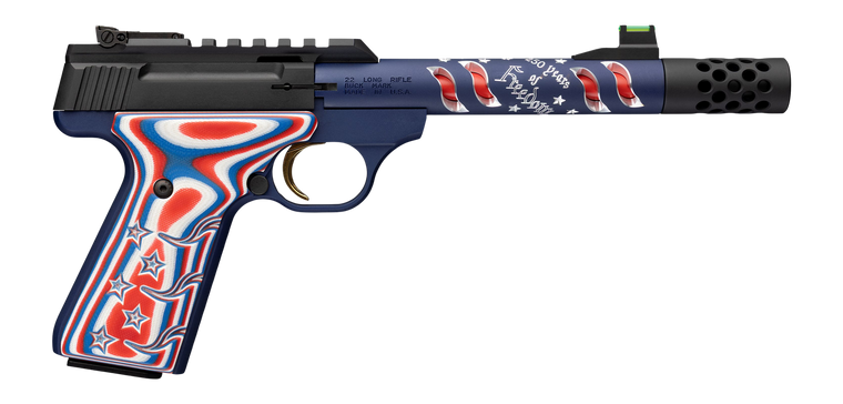 Browning 051615490 Buck Mark Freedom 250 SR 22 LR 10+1 5.90" Waving Flag Threaded Barrel, Blue Anodized Serrated w/Picatinny Rail  Aluminum Receiver, Red/White/Blue G10 Grip                           
