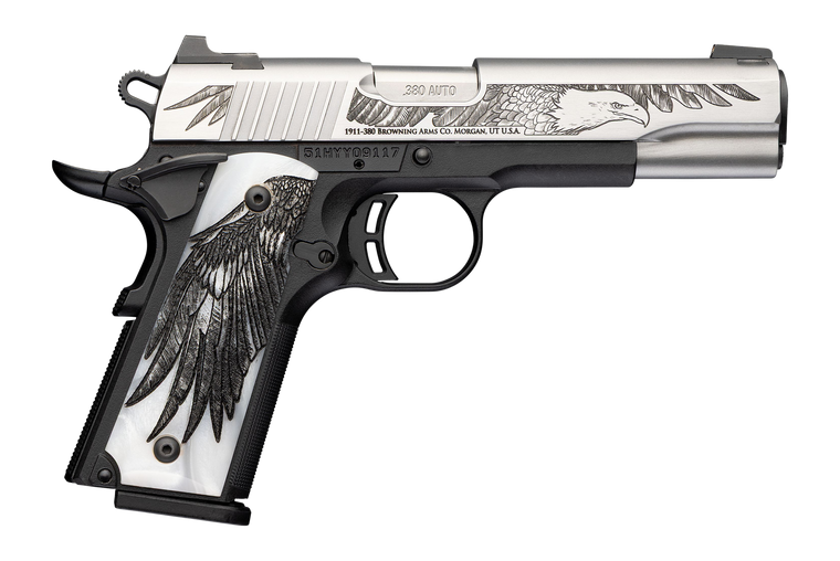 Browning 051126492 1911 Black Label Medallion 250 Commemorative Edition Full Size 380 ACP 8+1 4.25" Matte Stainless Steel Barrel & Serrated Slide w/Engraving, Matte Black Polymer Frame, White Imitatio