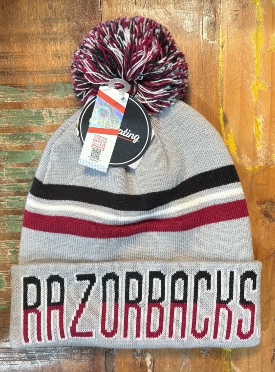 Arkansas Razorbacks Grey Striped Pom Beanie