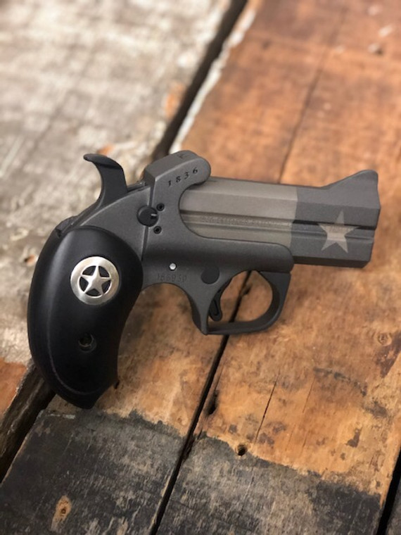 Bond Arms - 1836 Texas Defender
Caliber: .45LC/410
Barrel Length: 3.50"
Grip Material: Black Ash
Sights: Front blade, fixed rear
Trigger Guard: Yes