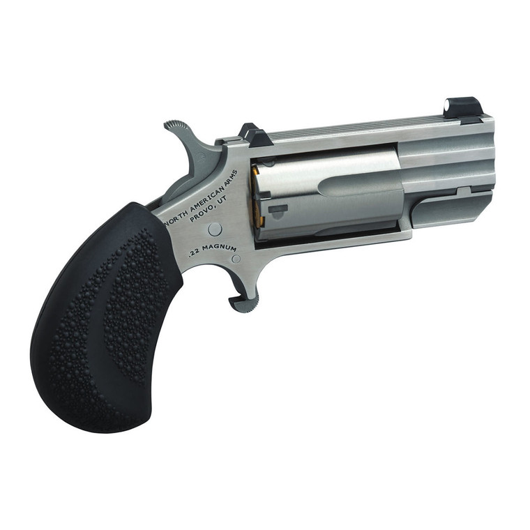 North American Arms Pug is chambered in .22 Magnum and features a 1"  barrel.

Features:


Caliber: .22 Magnum
Capacity: 5 Round
Length: 4.56"
Height: 2.81"
Width: 1.06"
Barrel Length: 1"
Sights: XS White Dot
Action: Single Action
Barrel: Stainless Steel
Grips: Slip-on 