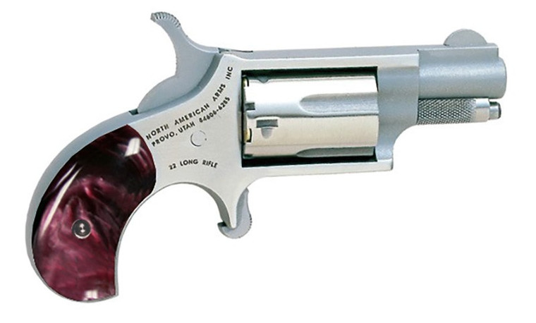 North American Arms - NAA-22LR GPPR - .22 L.R. Mini Revolver with Purple Pearlite Grips 
Caliber: .22 Long Rifle
Capacity: 5 Round
Length: 4"
Height: 2.38"
Width: 0.88"
Barrel Length: 1.13"
Sights: Fixed blade, half moon front sight 
Action: Single Action
Barrel: Stainless Steel
Grips: Purple Pearlite  