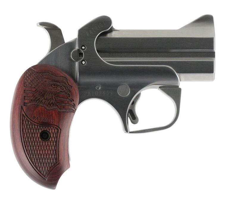 Bond Arms - The Patriot
Model #: BAPA
Caliber: .45LC/410
Barrel Length: 3.00"
Grip Material: Rosewood
Sights: Front blade, fixed rear
Trigger Guard: Yes