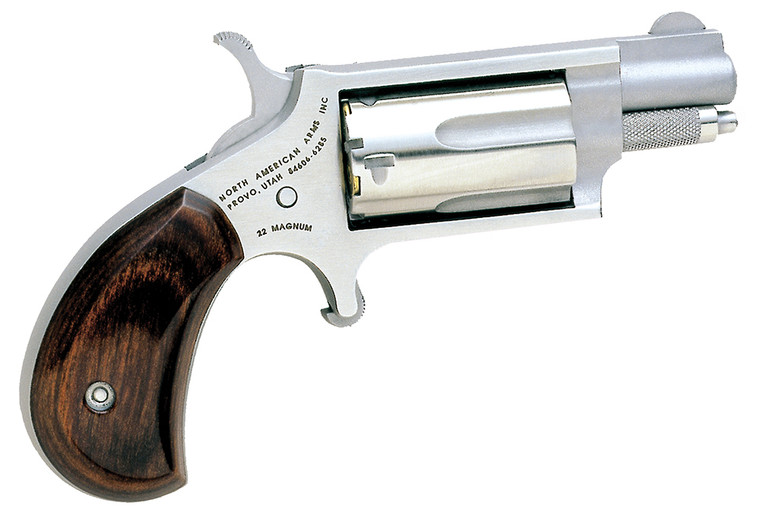 North American Arms 22MS Mini-Revolver 22 WMR Caliber with 1.13" Barrel, 5rd Capacity Cylinder, Overall Stainless Steel Finish & Rosewood Birds head Grip