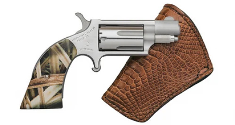 North American Arms Mini Gator Gun with Brown Skin Holster 22 Long Rifle / 22 Magnum Stainless/Silver, 1.125" Barrel, 5 Rounds, Polymer Grips, 3-Dot Sights