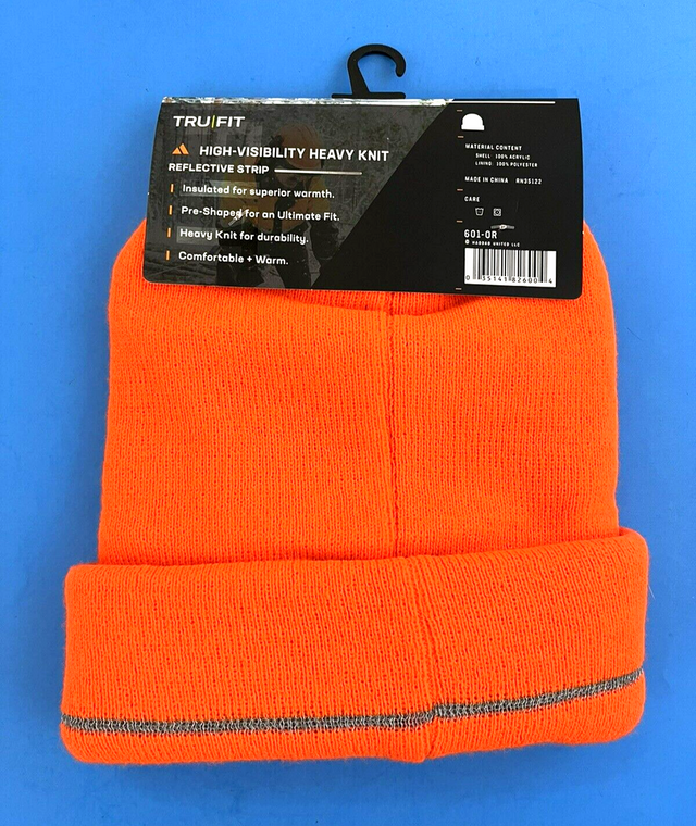 Tru Fit~Men's Orange Heavy Knit High-Visibility Hat~Reflective Strip~Fleece~New