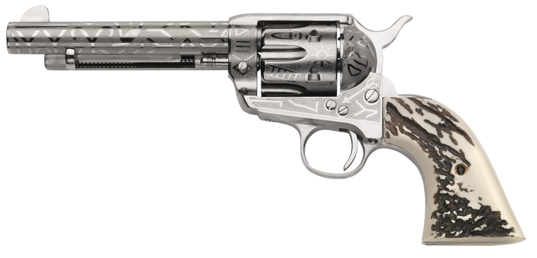 Taylors & Company 200063 1873 Cattle Brand 45 Colt (LC) Caliber with 5.50"  Barrel, 6rd Capacity Cylinder, Overall Nickel-Plated Engraved Finish Steel & Imitation Stag Grip                            