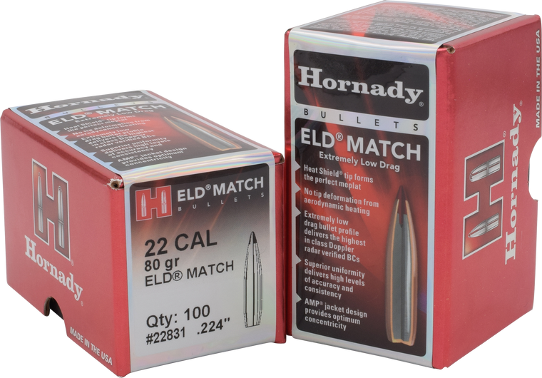 Hornady 22831 ELD Match  22 Cal .224 80 gr Extremely Low Drag Match 100 Per Box/ 25 Case                                                                                                                